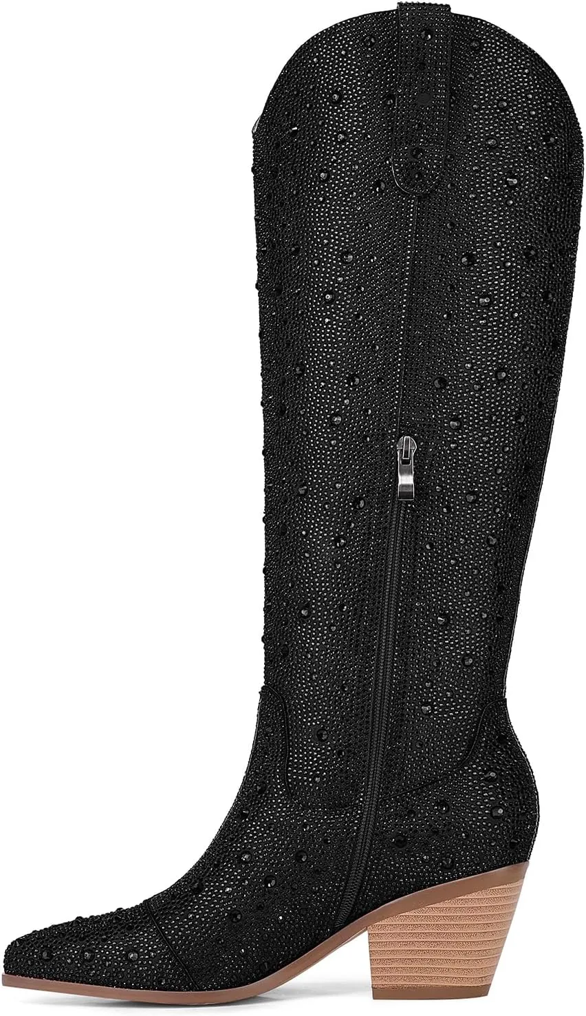 Women Cowboy Boots Cowgirl Rhinestone Mid Calf Western Boots Sparkly Glitter Boots Bling Pointed Toe Chunky Heel Pull On