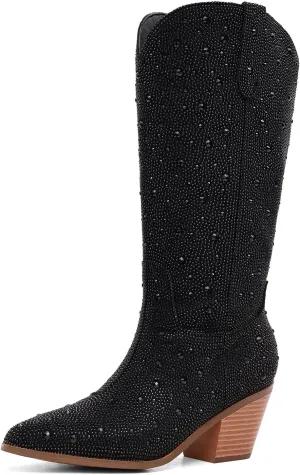 Women Cowboy Boots Cowgirl Rhinestone Mid Calf Western Boots Sparkly Glitter Boots Bling Pointed Toe Chunky Heel Pull On