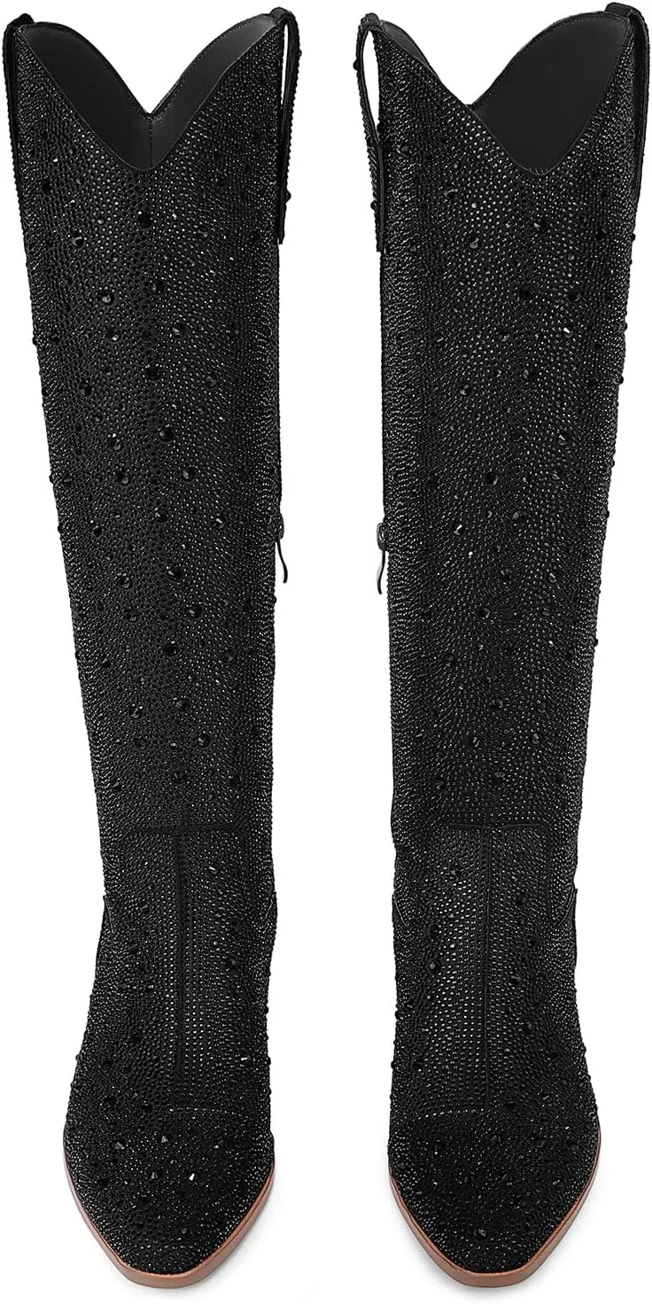 Women Cowboy Boots Cowgirl Rhinestone Mid Calf Western Boots Sparkly Glitter Boots Bling Pointed Toe Chunky Heel Pull On