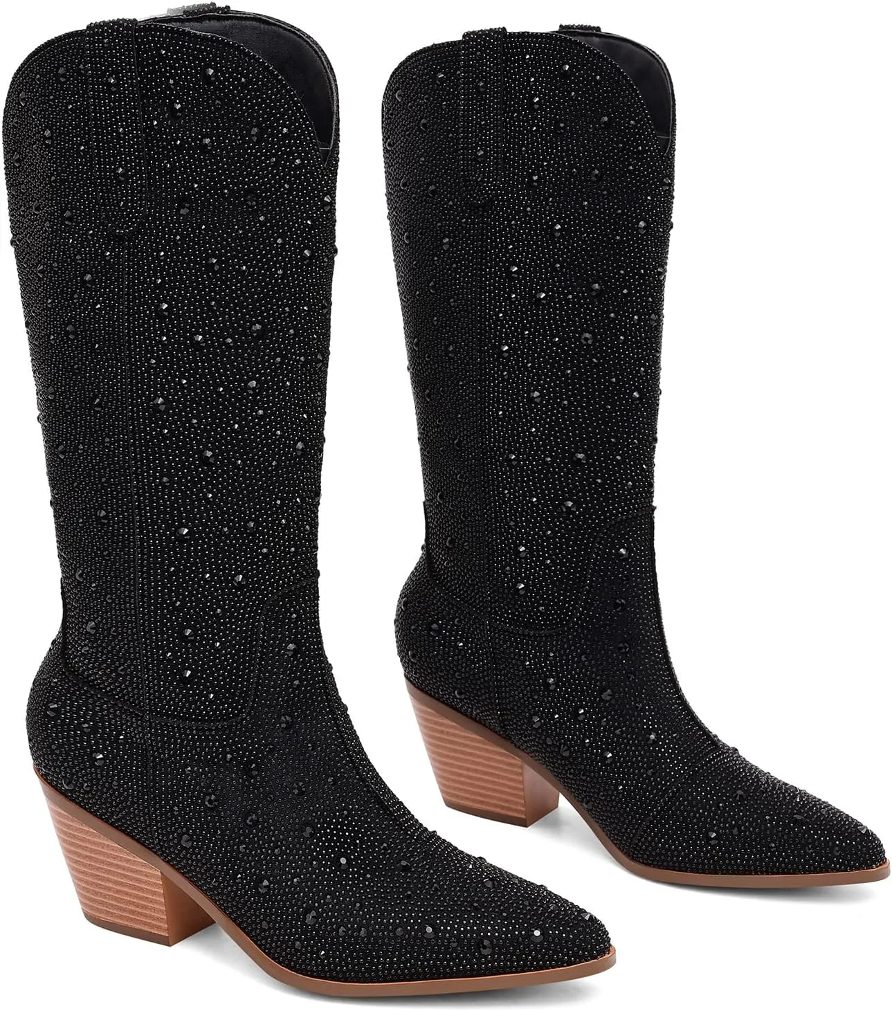 Women Cowboy Boots Cowgirl Rhinestone Mid Calf Western Boots Sparkly Glitter Boots Bling Pointed Toe Chunky Heel Pull On