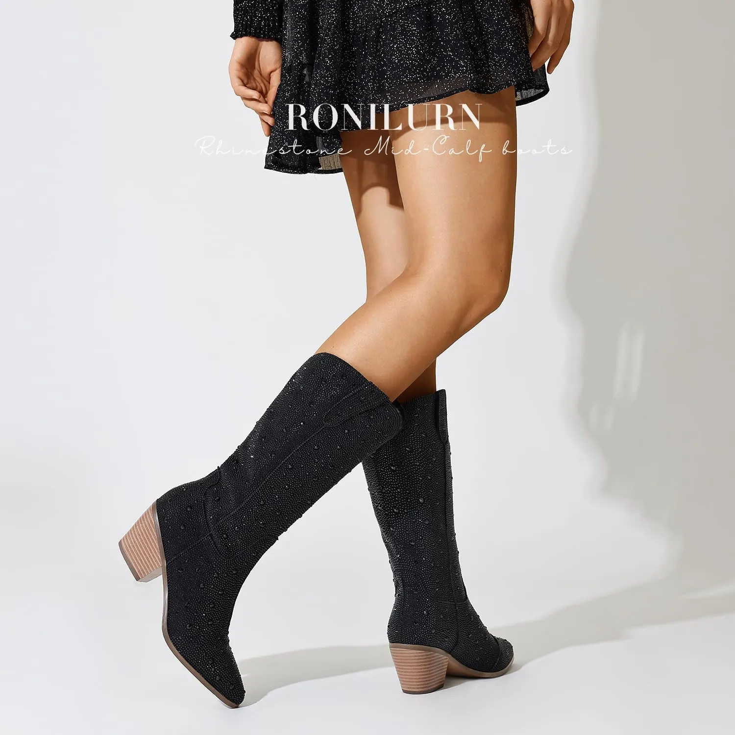 Women Cowboy Boots Cowgirl Rhinestone Mid Calf Western Boots Sparkly Glitter Boots Bling Pointed Toe Chunky Heel Pull On