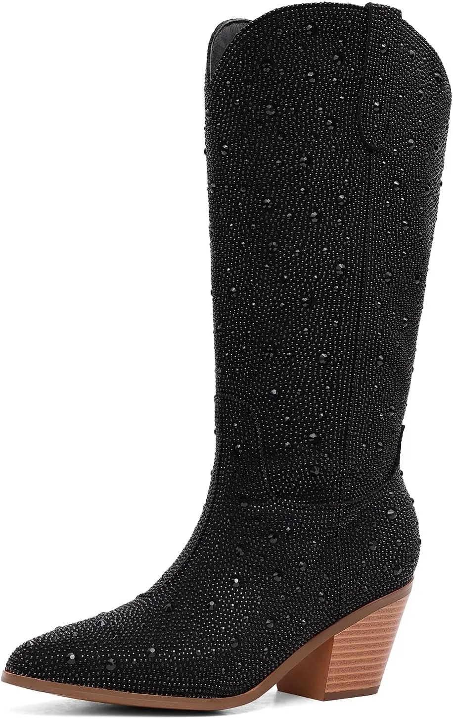 Women Cowboy Boots Cowgirl Rhinestone Mid Calf Western Boots Sparkly Glitter Boots Bling Pointed Toe Chunky Heel Pull On