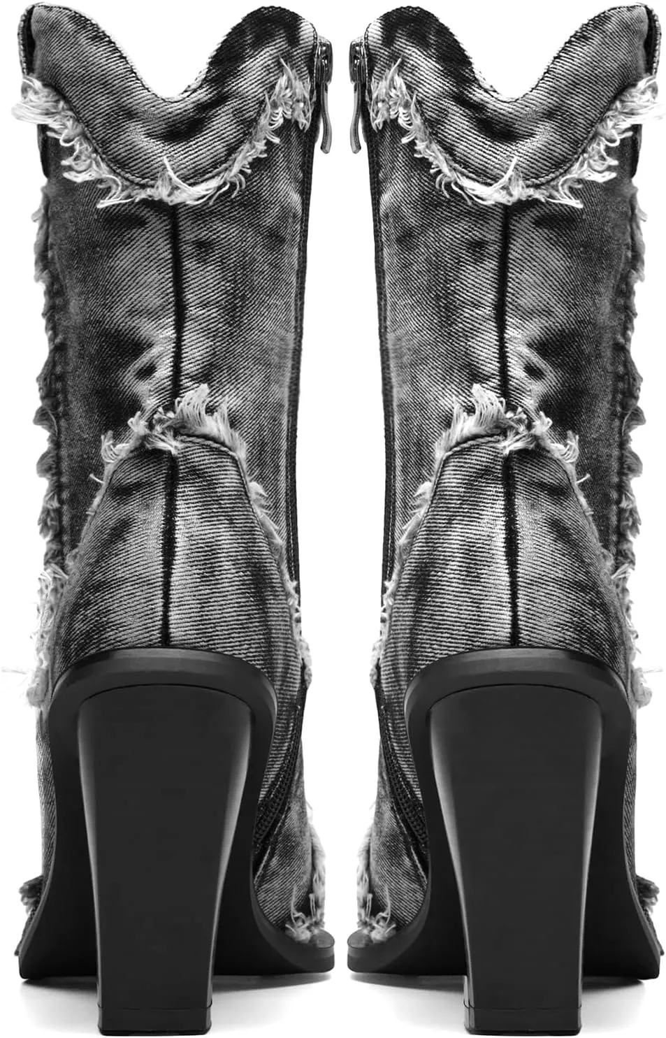 Women Denim Rhinestones Cowboy Mid Calf Boots Almond Pointed Chunky Block Heel Sparkly wide calf Western Boots