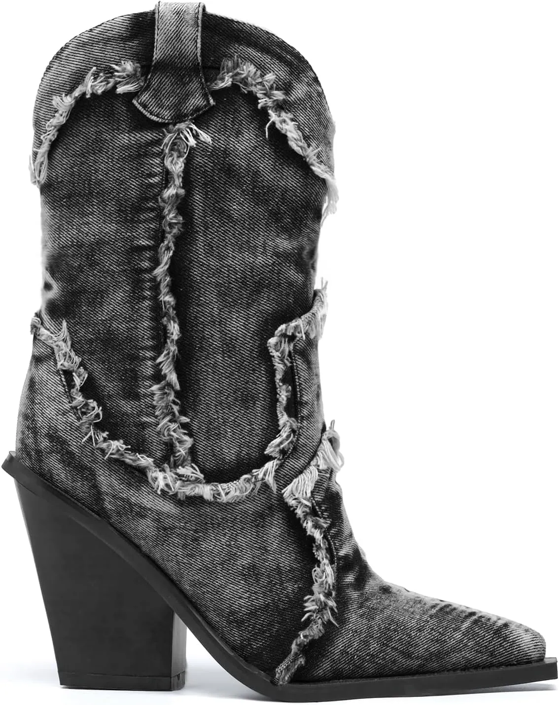 Women Denim Rhinestones Cowboy Mid Calf Boots Almond Pointed Chunky Block Heel Sparkly wide calf Western Boots