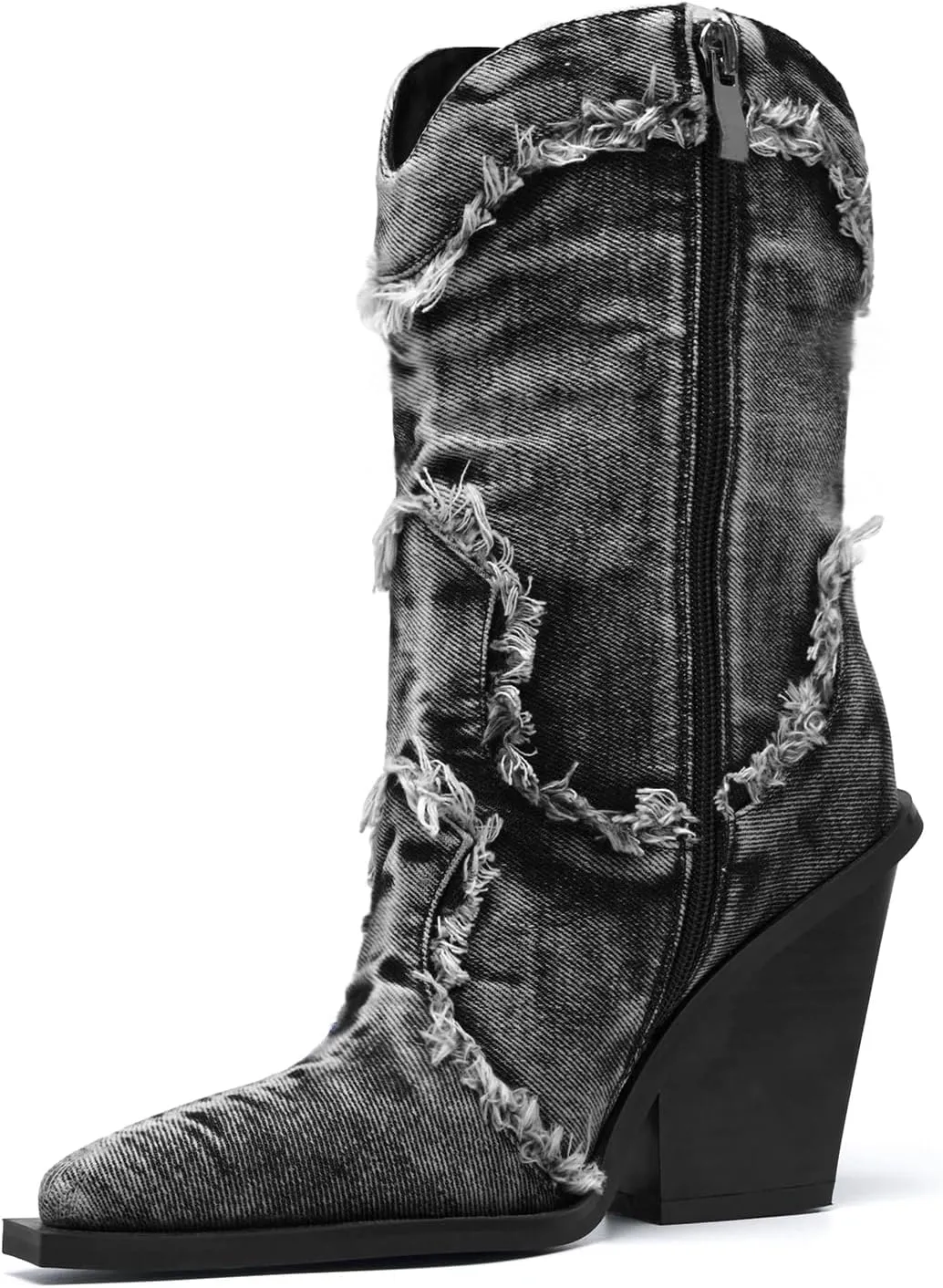 Women Denim Rhinestones Cowboy Mid Calf Boots Almond Pointed Chunky Block Heel Sparkly wide calf Western Boots