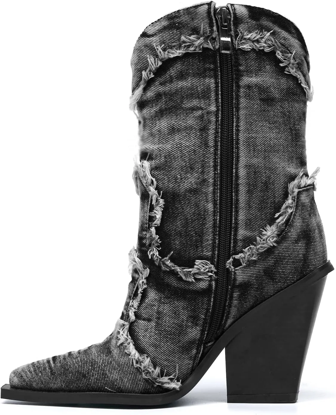 Women Denim Rhinestones Cowboy Mid Calf Boots Almond Pointed Chunky Block Heel Sparkly wide calf Western Boots