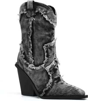 Women Denim Rhinestones Cowboy Mid Calf Boots Almond Pointed Chunky Block Heel Sparkly wide calf Western Boots