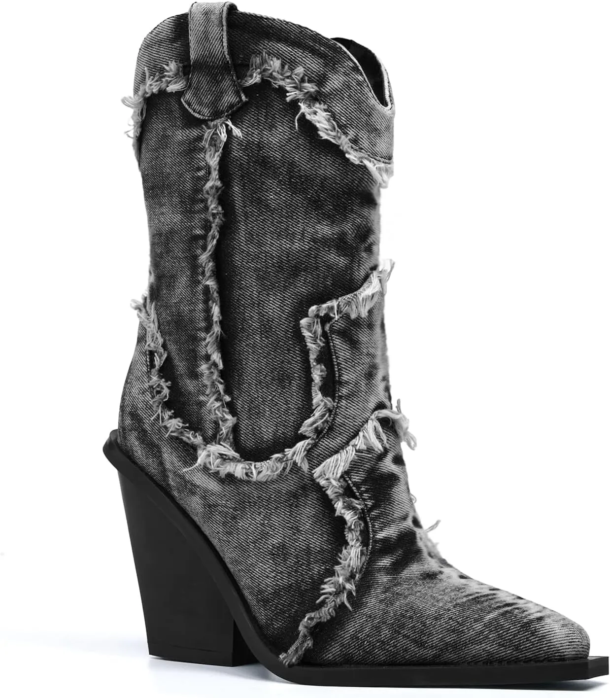 Women Denim Rhinestones Cowboy Mid Calf Boots Almond Pointed Chunky Block Heel Sparkly wide calf Western Boots
