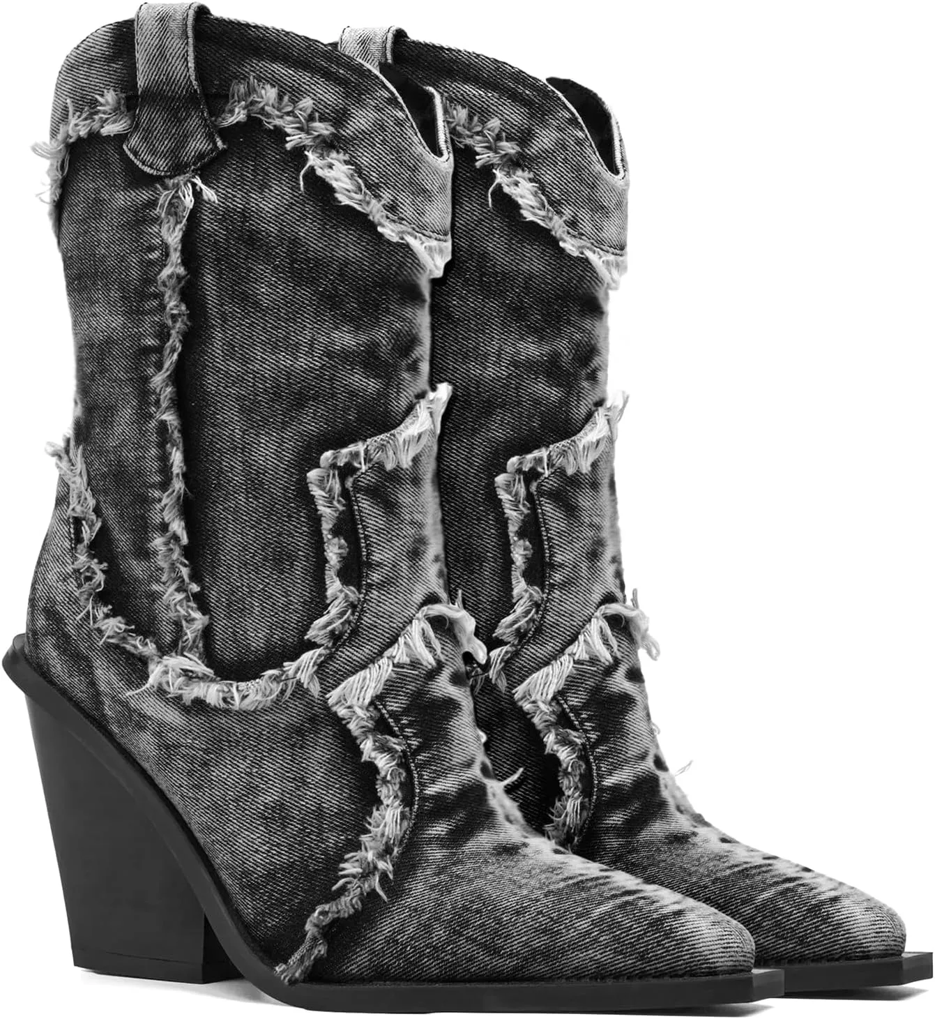 Women Denim Rhinestones Cowboy Mid Calf Boots Almond Pointed Chunky Block Heel Sparkly wide calf Western Boots