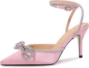 Women High Heeled Sandals Rhinestone Bow Heels Crystal Ankle Strap Stiletto Heeled Pumps Pointed Toe Satin for Bridal Wedding Dress Party Shoes