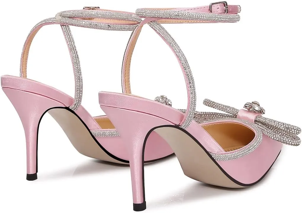 Women High Heeled Sandals Rhinestone Bow Heels Crystal Ankle Strap Stiletto Heeled Pumps Pointed Toe Satin for Bridal Wedding Dress Party Shoes
