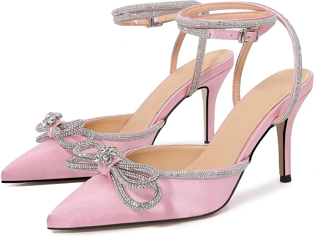 Women High Heeled Sandals Rhinestone Bow Heels Crystal Ankle Strap Stiletto Heeled Pumps Pointed Toe Satin for Bridal Wedding Dress Party Shoes