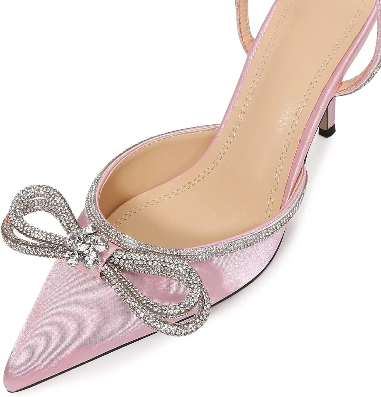 Women High Heeled Sandals Rhinestone Bow Heels Crystal Ankle Strap Stiletto Heeled Pumps Pointed Toe Satin for Bridal Wedding Dress Party Shoes