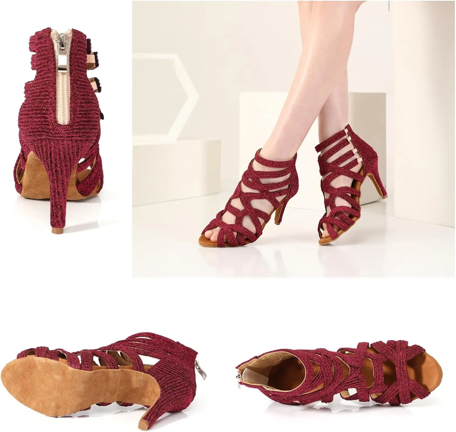 Women Latin Dance Boots Peep Toe Ballrooom Salsa Performance Professional Ankle Dance Shoes Dance Heels