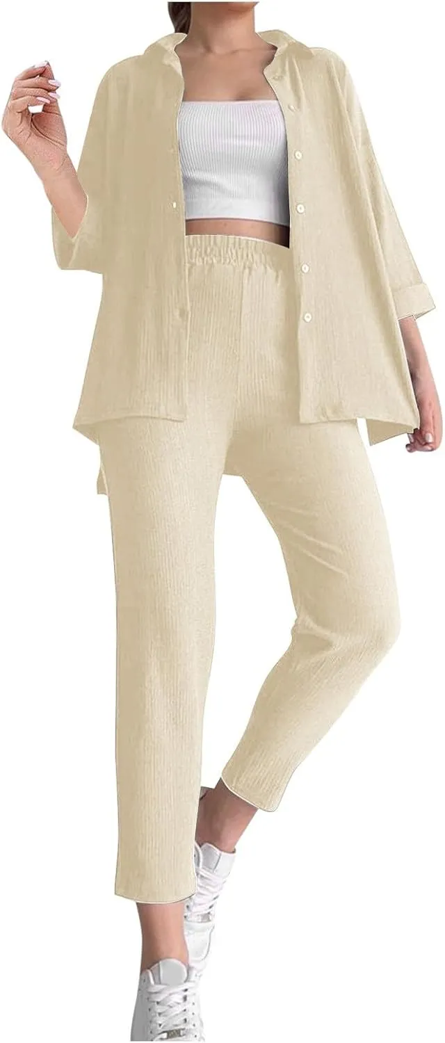 Women Linen Sets 2 Piece Outfits 2 Piece Matching Cotton Linen Lounge Wear Summer Loose Fit Wide Leg Pants Set