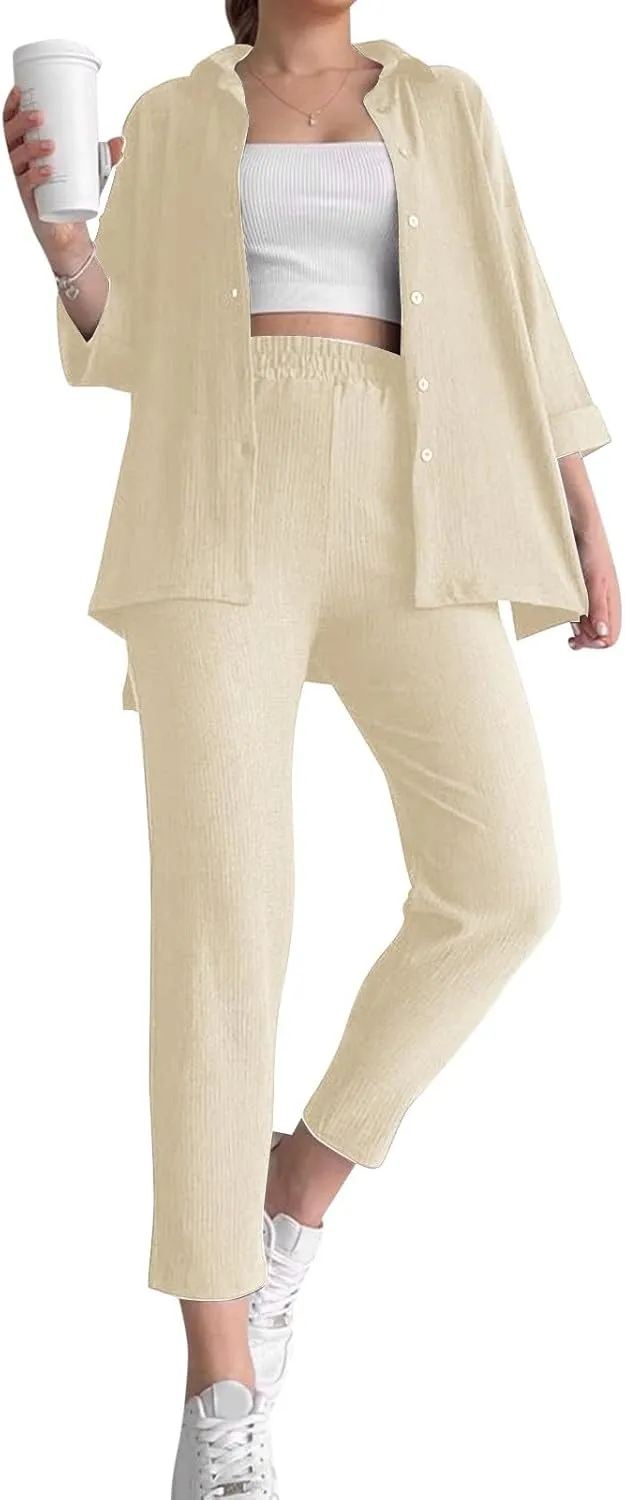Women Linen Sets 2 Piece Outfits 2 Piece Matching Cotton Linen Lounge Wear Summer Loose Fit Wide Leg Pants Set