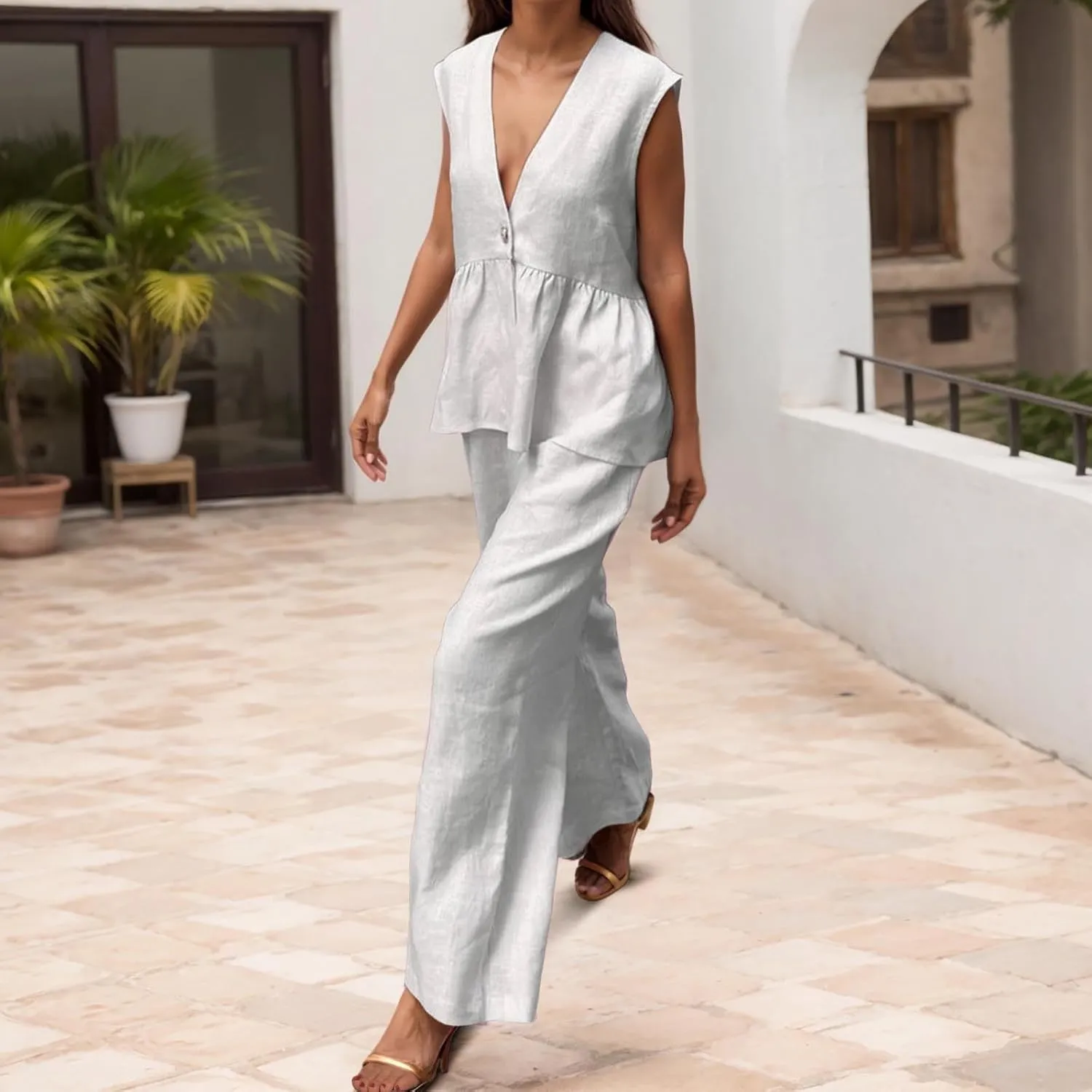 Women Linen Sets 2 Piece Outfits 2025 Dressy Matching Summer 2 Piece Loungewear Set Wide Leg Pants Tracksuits