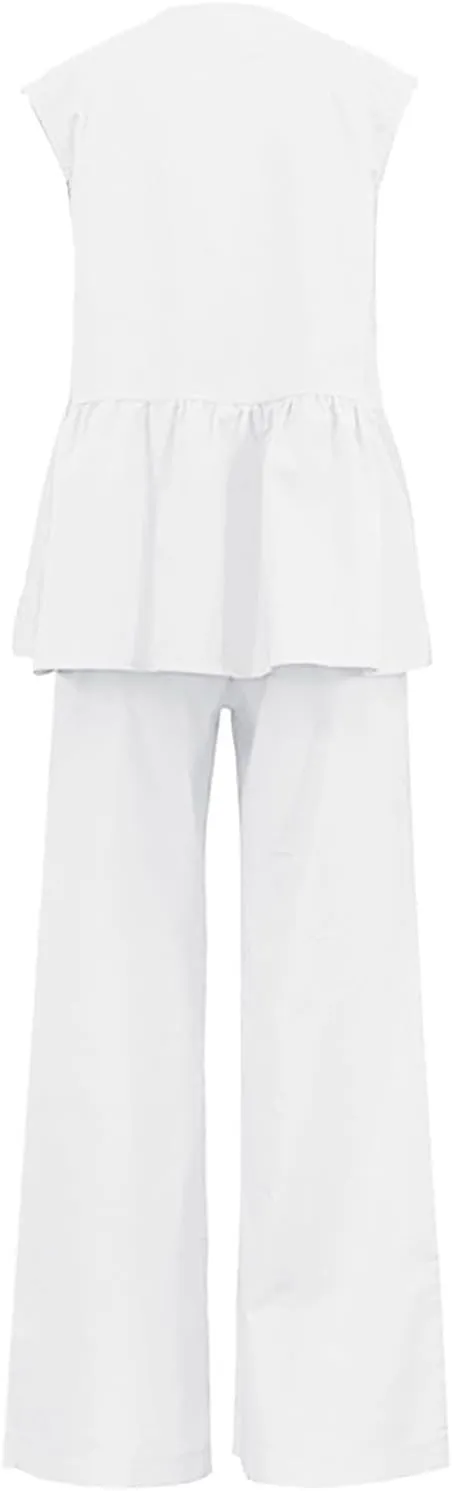 Women Linen Sets 2 Piece Outfits 2025 Dressy Matching Summer 2 Piece Loungewear Set Wide Leg Pants Tracksuits