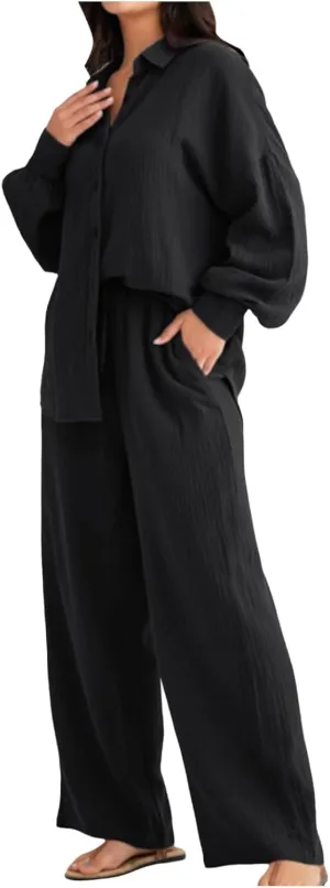 Women Linen Sets 2 Piece Outfits 2025 Summer Casual Loose Top Wide Leg Pants Matching Tracksuit Sweatsuit Sets