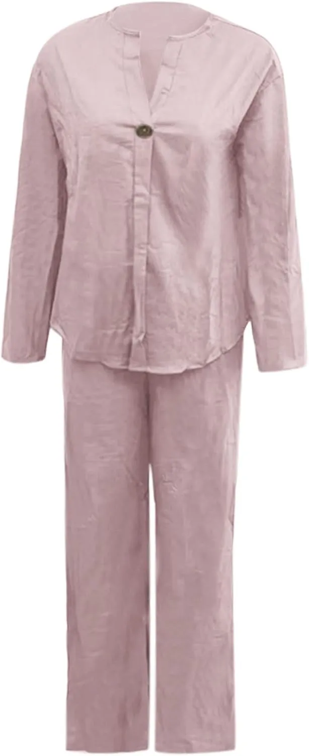 Women Linen Sets 2 Piece Outfits Cotton Linen 2 Piece Sets Comfy Loungewear Wide Leg Long Pants with Pockets