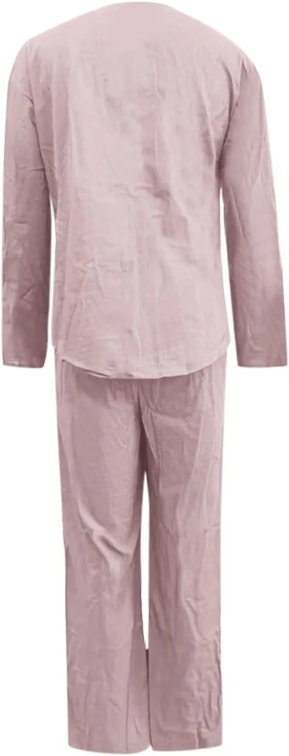 Women Linen Sets 2 Piece Outfits Cotton Linen 2 Piece Sets Comfy Loungewear Wide Leg Long Pants with Pockets