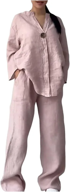 Women Linen Sets 2 Piece Outfits Cotton Linen 2 Piece Sets Comfy Loungewear Wide Leg Long Pants with Pockets
