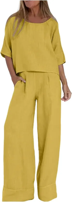 Women Linen Sets 2 Piece Outfits Cotton Linen Jogger Lounge Set Short Sleeve Tops Long Track Pants Tracksuit