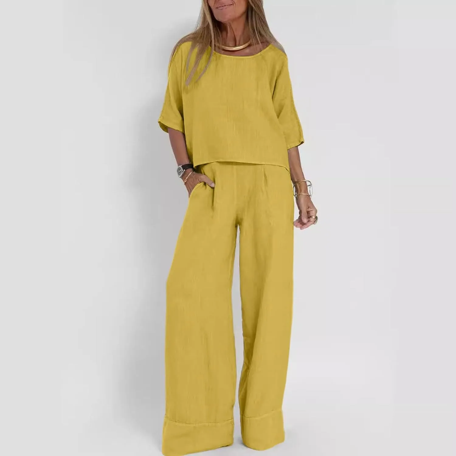 Women Linen Sets 2 Piece Outfits Cotton Linen Jogger Lounge Set Short Sleeve Tops Long Track Pants Tracksuit