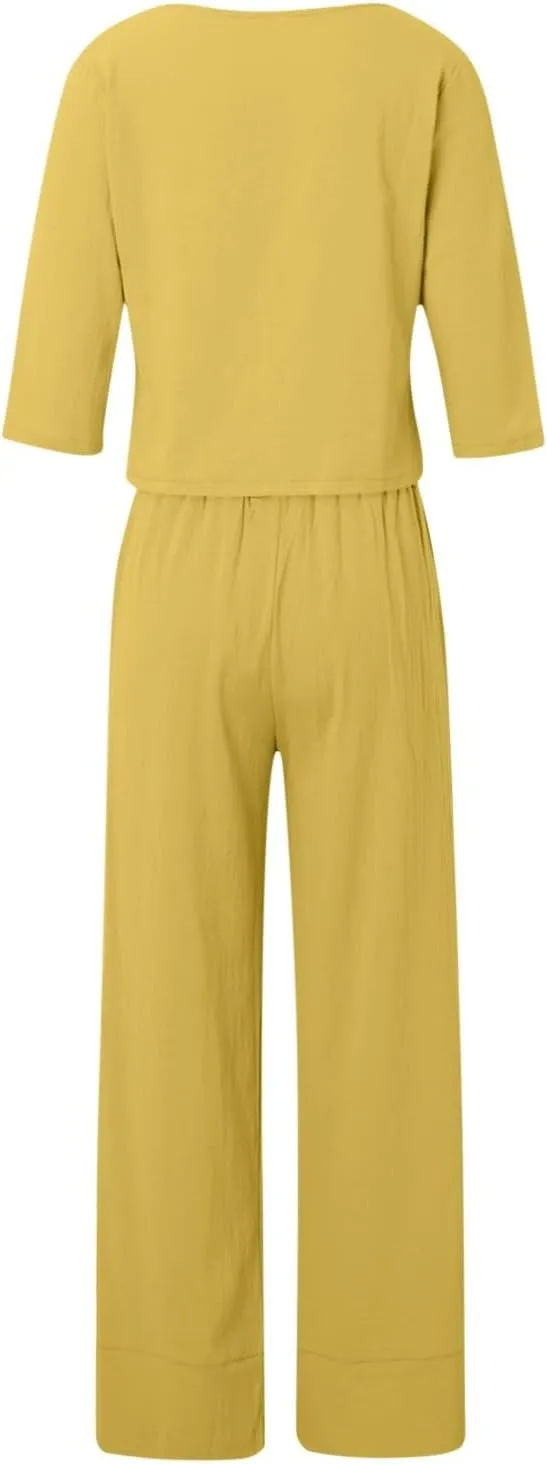 Women Linen Sets 2 Piece Outfits Cotton Linen Jogger Lounge Set Short Sleeve Tops Long Track Pants Tracksuit