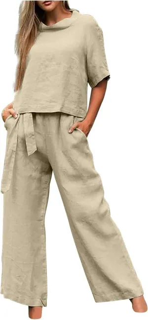Women Linen Sets 2 Piece Outfits Fashion Travel Outfits Vacation Tracksuit Comfy Wide Leg Airport Loungewear
