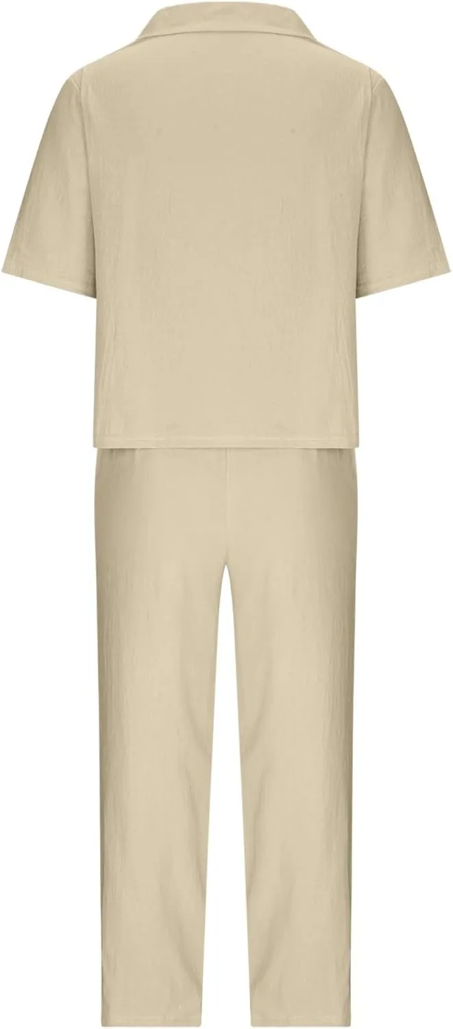 Women Linen Sets 2 Piece Outfits Fashion Travel Outfits Vacation Tracksuit Comfy Wide Leg Airport Loungewear