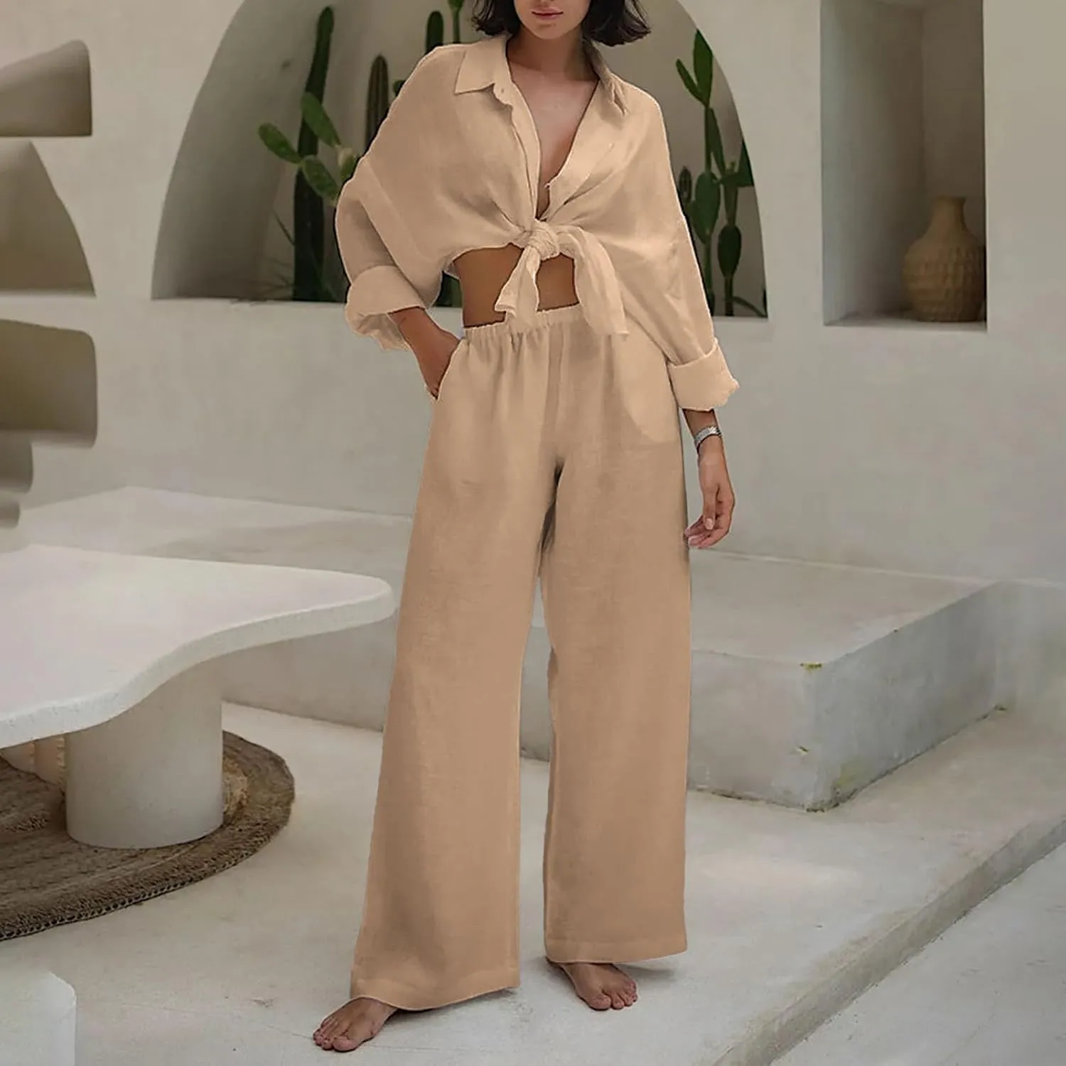Women Linen Sets 2 Piece Outfits Linen Dressy Casual Sets Wide Leg Pants Suits Short Sleeve Jogger Tracksuit