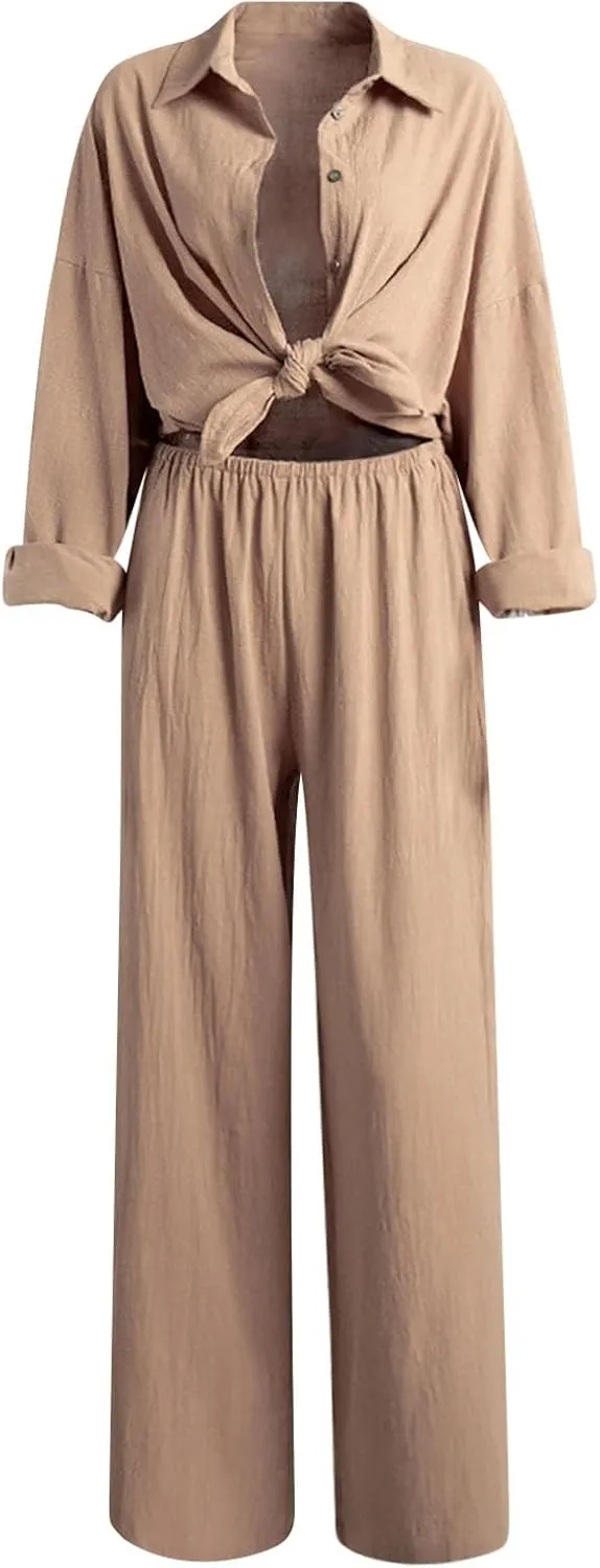 Women Linen Sets 2 Piece Outfits Linen Dressy Casual Sets Wide Leg Pants Suits Short Sleeve Jogger Tracksuit