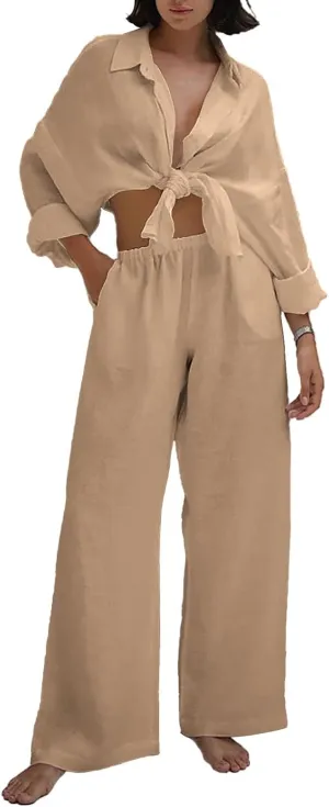 Women Linen Sets 2 Piece Outfits Linen Dressy Casual Sets Wide Leg Pants Suits Short Sleeve Jogger Tracksuit