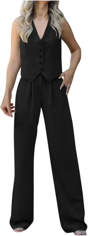 Women Linen Sets 2 Piece Outfits Short Sleeve Summer Tops Wide Leg Pants Casual Matching Tracksuits Travel Outfits