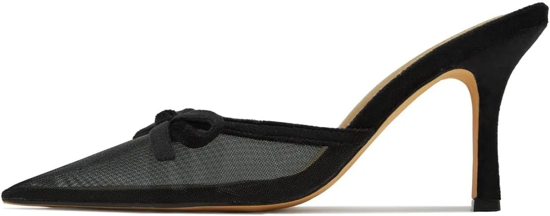 Women Lovely Bows Pointy Toe Mesh Slides Sandals Slip On Stiletto High Heel Mules Comfy Indoor Prom Shoes Size 4-16 US