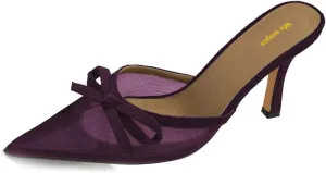 Women Lovely Bows Pointy Toe Mesh Slides Sandals Slip On Stiletto High Heel Mules Comfy Indoor Prom Shoes Size 4-16 US