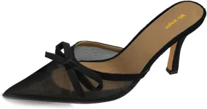 Women Lovely Bows Pointy Toe Mesh Slides Sandals Slip On Stiletto High Heel Mules Comfy Indoor Prom Shoes Size 4-16 US