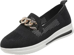 Women Metal Chain Slip On Platform Tennis Sneakers Casual Mesh Breathable Low Top Flats Loafers Comfortable Lightweight Walking Shoes