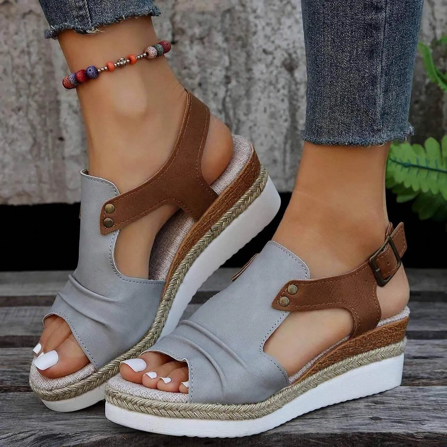 Women Orthopedic Sandals Dressy Summer,Women Walking Slippers with Arch Support Wedge Sandals Summer Dressy Open Toe Ankle Strap Platform Beach Casual Slip on Sandals Beach Dress Comfortable