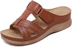 Women Orthopedic Wedge Sandals Comfy Peep Toe Slides Sandals Vintage Indoor Outdoor Summer Beach Slippers Shoes,Brown,US8/EU40