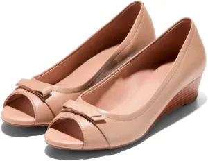 Women Peep Toe Wedge Heel Pumps Bow Slip On Low Heel Wedge Sandals Open Round Toe Matte Leather Dress Shoes Office Ladies Work Business Wedding Party Dance Shoe Elegant Comfort 4-11 M US