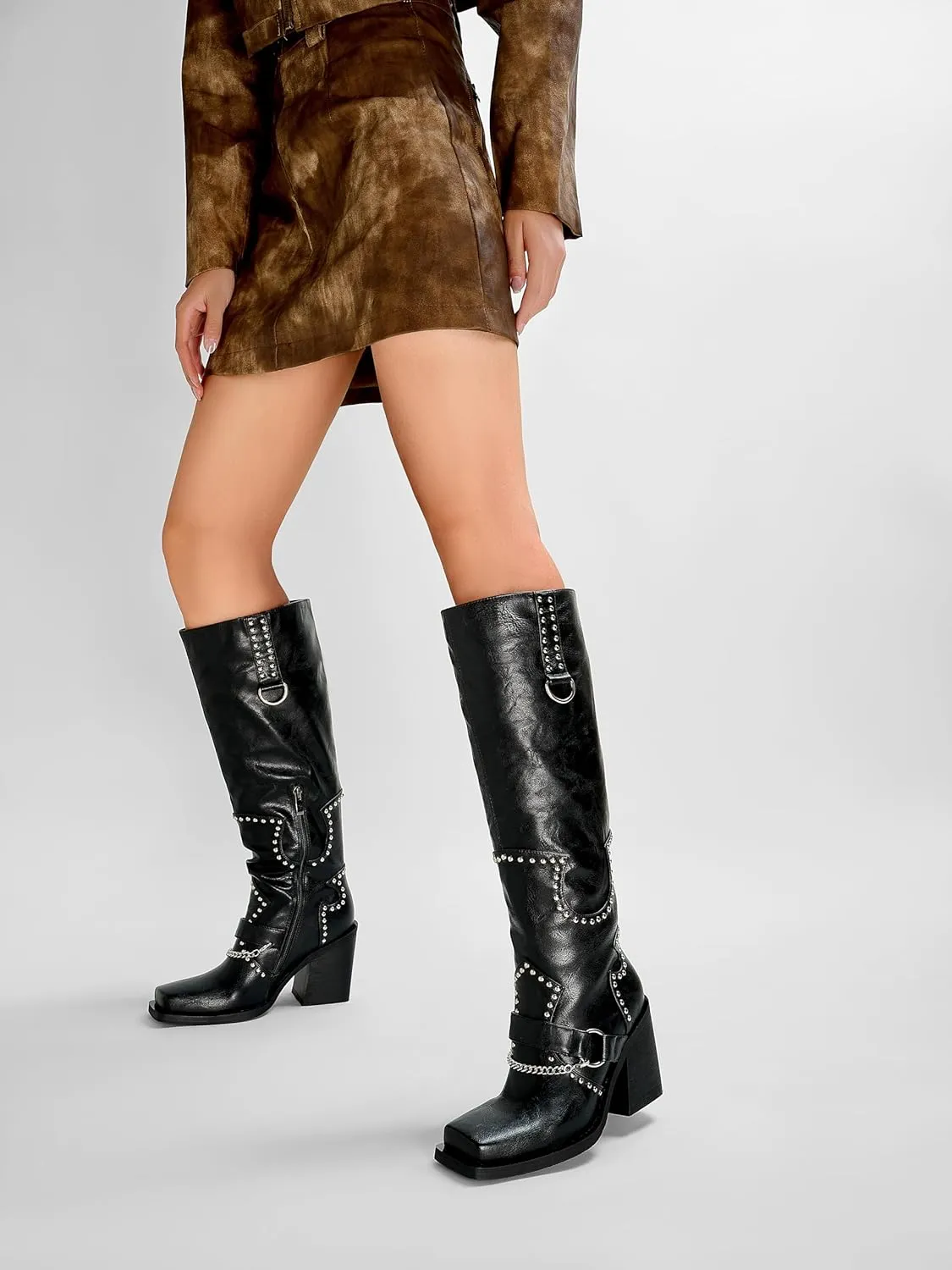 Women Platform Wide Calf Knee High Boots Chunky Heel Rivet Western Boots Square Toe and Side Zipper Motorcycle Boots with Chain