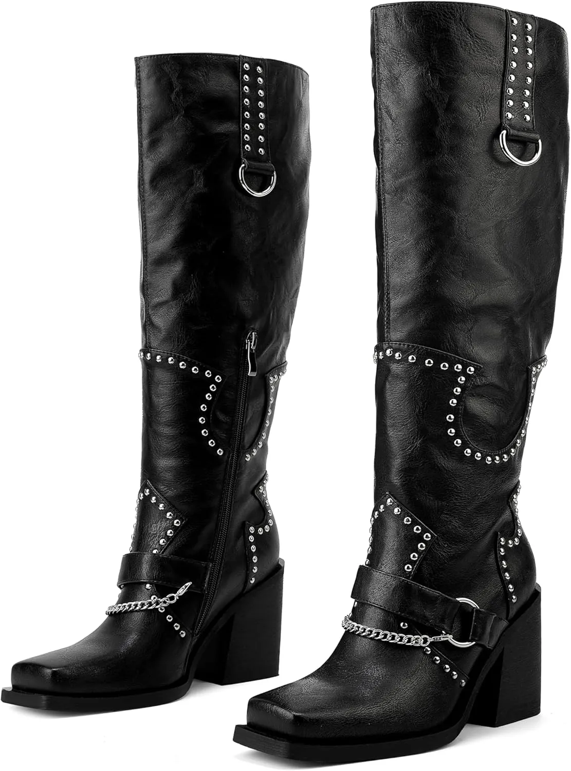 Women Platform Wide Calf Knee High Boots Chunky Heel Rivet Western Boots Square Toe and Side Zipper Motorcycle Boots with Chain