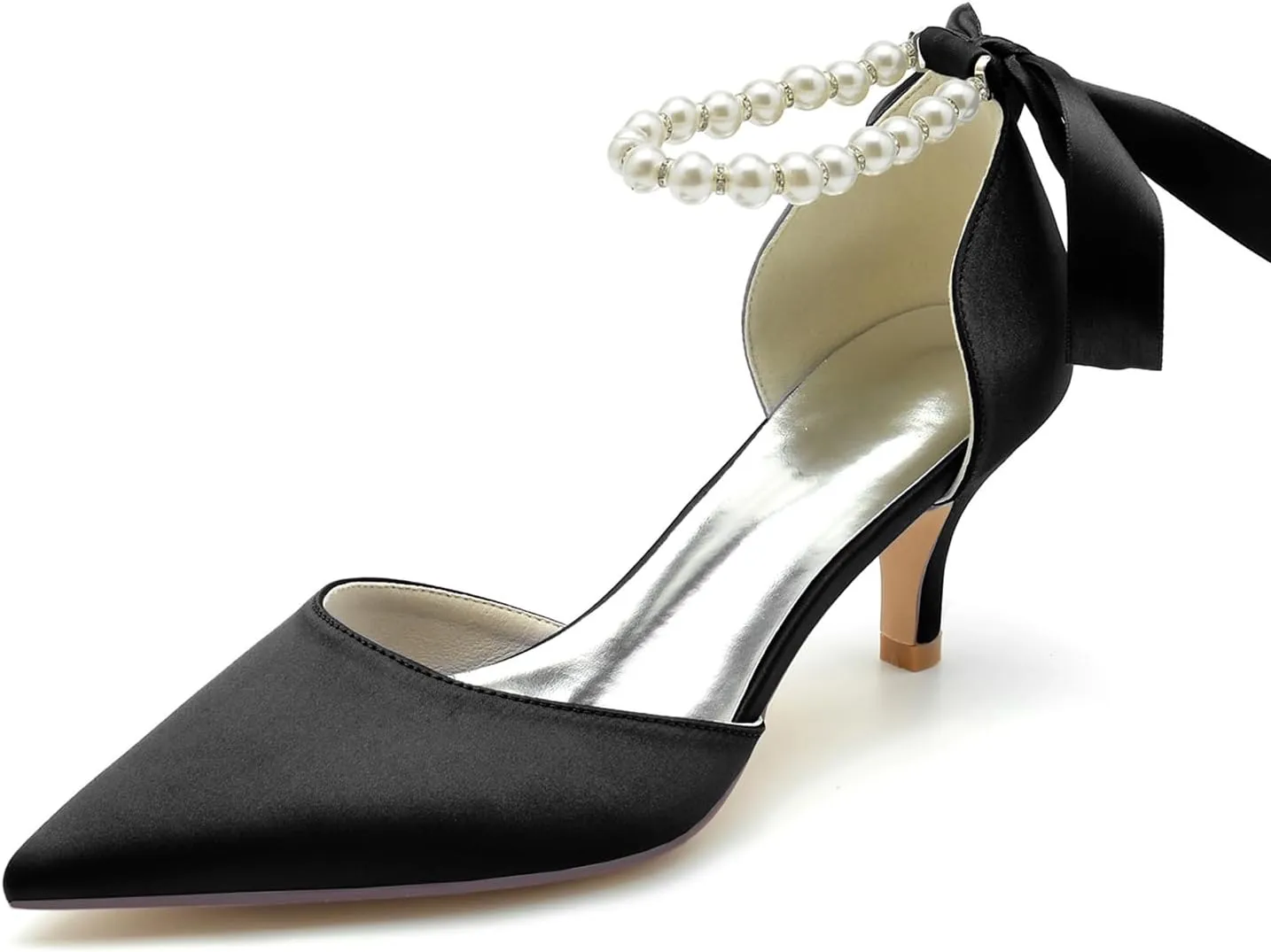 Women Pointed Toe Heels Pumps Wedding Bridal Shoes Satin Pearls Ribbon Tie Strap Adjustable Ankle Strap Sandals