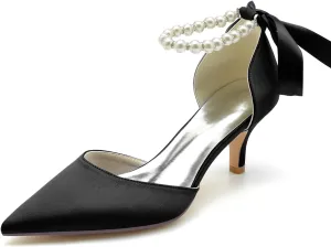 Women Pointed Toe Heels Pumps Wedding Bridal Shoes Satin Pearls Ribbon Tie Strap Adjustable Ankle Strap Sandals