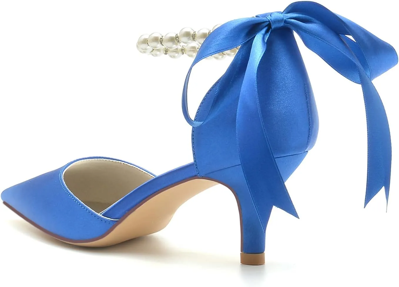 Women Pointed Toe Heels Pumps Wedding Bridal Shoes Satin Pearls Ribbon Tie Strap Adjustable Ankle Strap Sandals