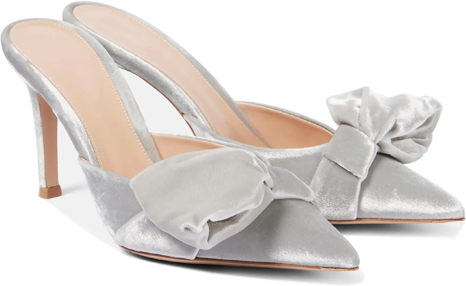 Women Pointed Toe Mules with Bow Elegant 3.5" Mid Stiletto High Heels Cute Slip-On Sandals for Designer Party Prom Dress Shoes