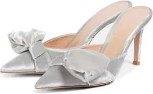 Women Pointed Toe Mules with Bow Elegant 3.5" Mid Stiletto High Heels Cute Slip-On Sandals for Designer Party Prom Dress Shoes