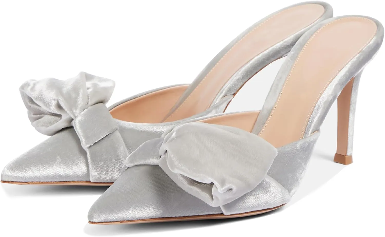Women Pointed Toe Mules with Bow Elegant 3.5" Mid Stiletto High Heels Cute Slip-On Sandals for Designer Party Prom Dress Shoes